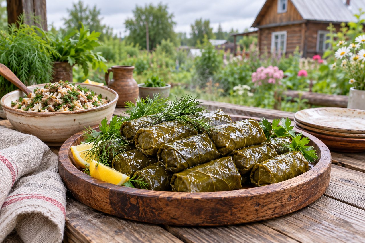 Фаршированные листья на блюде с зеленью
