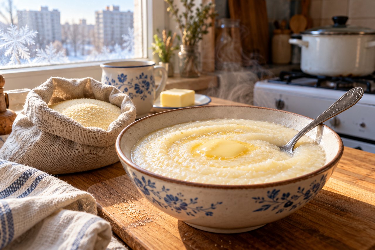 Миска манной каши с маслом рядом с мешком крупы