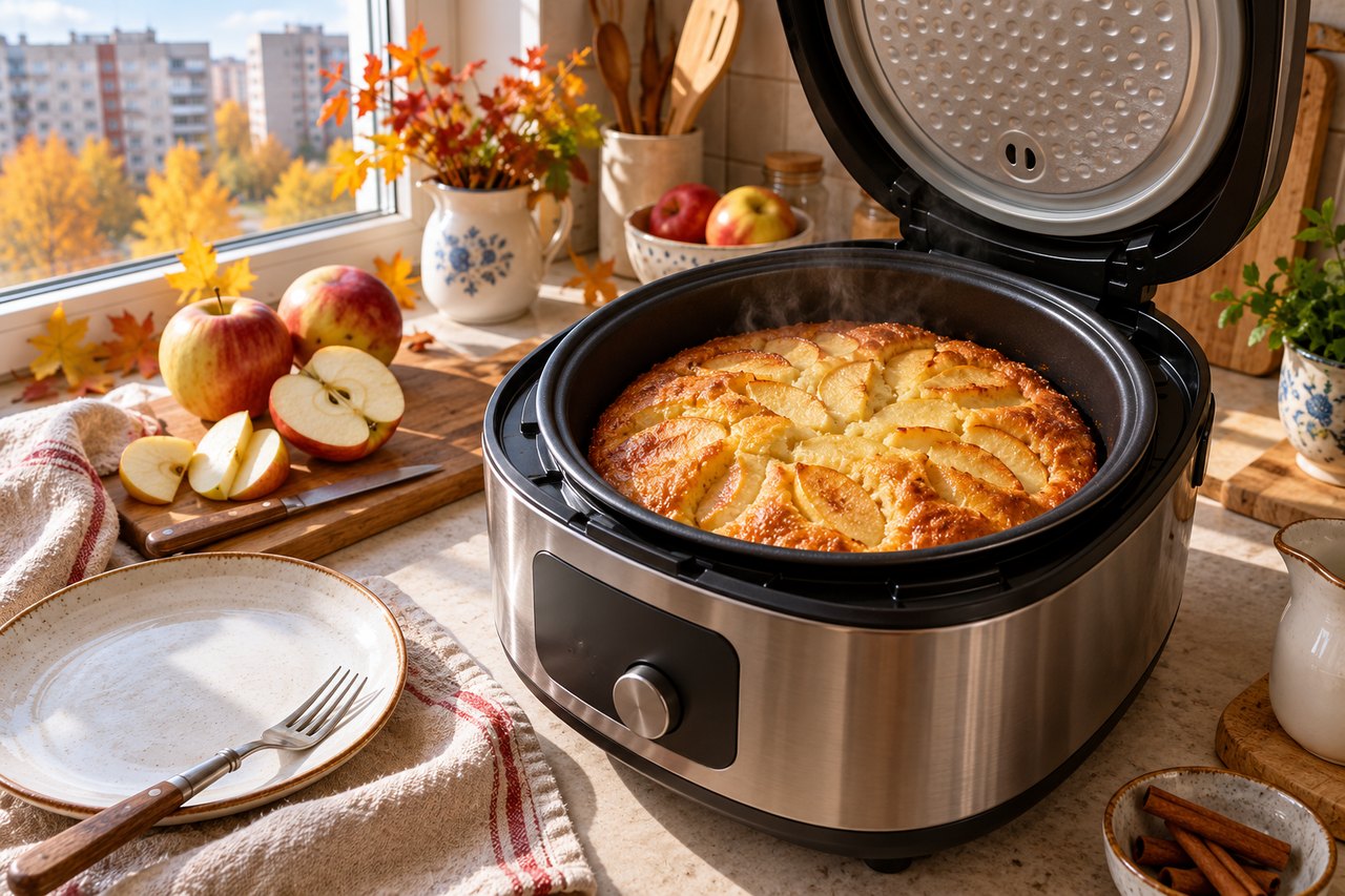 Яблочный пирог в мультиварке на осенней кухне